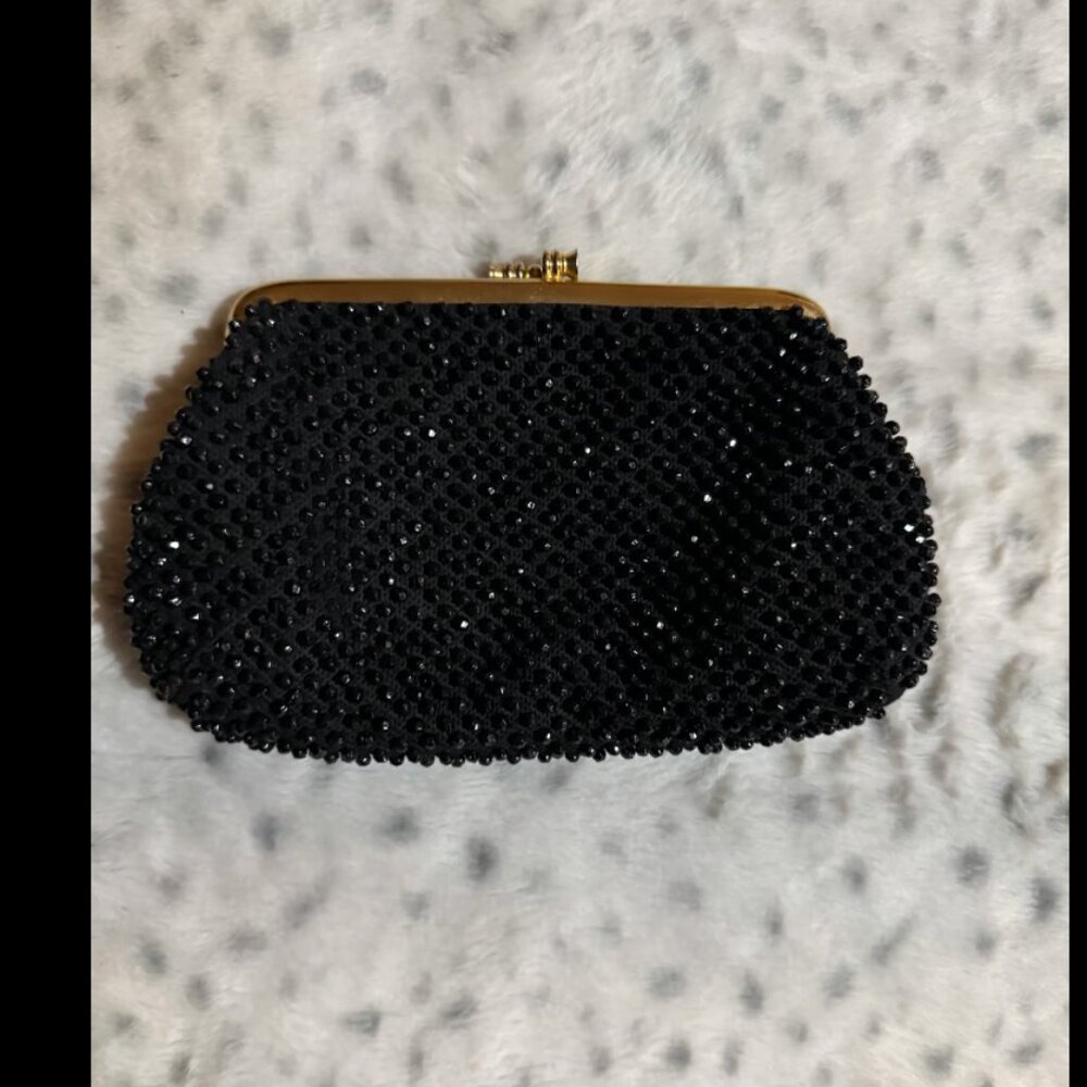 Vintage Black Beaded Clutch Gold Frame Evening Bag